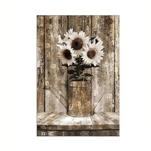 Rustic farmhouse wall art canvas with white sunflowers in a vintage metal watering can