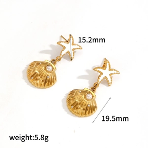 Golden starfish and seashell earrings with pearls and crystals in ocean style