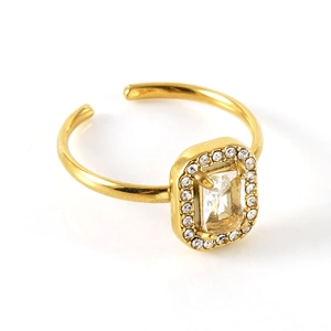 Adjustable 18k gold plated stainless steel ring with rectangle zircon solitaire