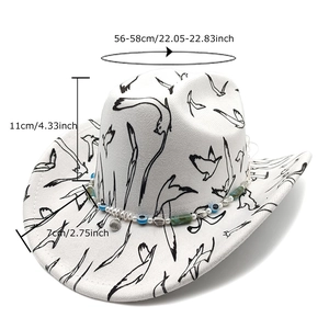 White felt western cowboy hat with bird prints and bohemian beaded turquoise band