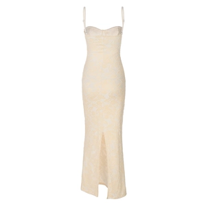 Detailed close-up of beige lace midi dress with thin straps and open back slit design