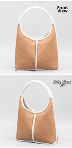 Front and 45-degree side views of brown suede shoulder bag with white faux fur trim