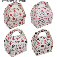 Macro detail of paper gift boxes with bear cut-outs and heart patterns in four styles
