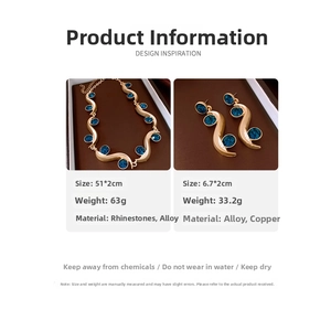 Detail showing dimensions of round blue rhinestone wave necklace and earrings set
