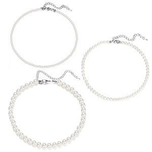 Three sizes of French pearl necklaces with silver lobster clasps on a white background