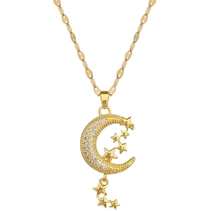 Titanium steel moon and star pendant necklace with cubic zirconia gold tassel chain