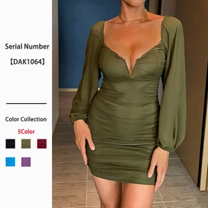 Robe Courte Moulante Sexy Pour Femme Avec Mesh Et Fronces Col En V Manches Longues Lanternes Élégante Soirée Club