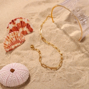 Golden titanium steel paperclip anklet presented on beach sand with decorative sea shells