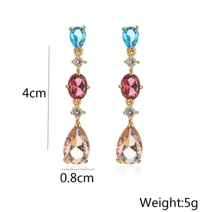 Detail view of 18K gold plated tassel earrings with multicolor zircon and size measurements