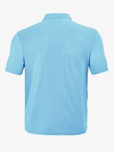 Detail of light blue men's polo shirt back view showing breathable jacquard towel texture