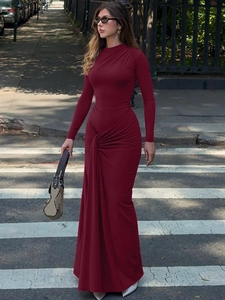 Ruched Long Sleeve Maxi Dress Slim Fit Solid Color Round Neck Knot Front Elegant Bodycon Floor Length Dress For Women
