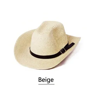 Men's foldable beige straw sun hat with black leather band and wide brim for beach