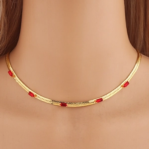 18k gold plated snake chain necklace featuring five rectangle red zircon stones
