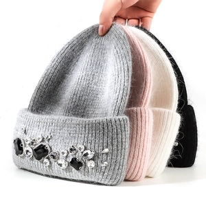 Women Knitted Beanie Hat Thick Warm Winter Rabbit Hair Acrylic Blend With Sparkling Rhinestone Elegant Fashion Daily