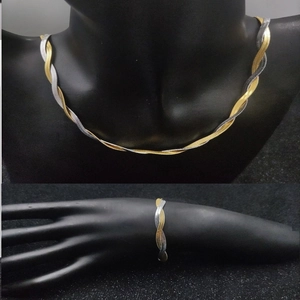 Two-tone woven herringbone necklace and bracelet set in gold and silver plating