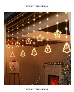 Detail of warm white LED snowflake curtain lights with mini Santa and snowman decorations