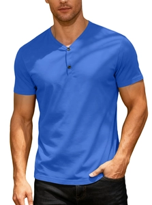 Men's royal blue V-neck Henley shirt with buttons and breathable cotton texture