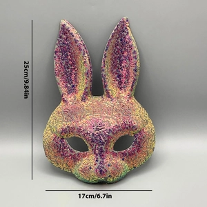 Detailed view of colorful sequin rabbit mask with dimensions 25cm by 17cm for parties
