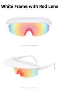 Detail view of white rimless sports sunglasses with red mirror lens and integrated sun visor