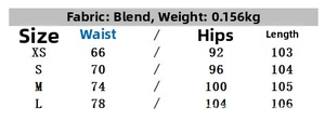 Detailed size chart for black lace midi skirt showing waist, hip, and length measurements