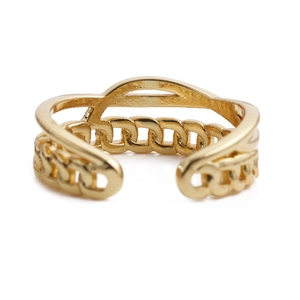 Adjustable golden double layer chain ring with geometric open design and zircon