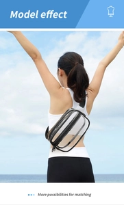 Outdoor model display of transparent PVC crossbody bag with black adjustable strap