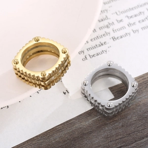 Luxurious gold and silver stainless steel square rings with three-layer diamond pavé and studs