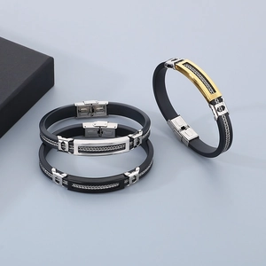 Men's fashion silicone and titanium steel bracelets set in black, silver, and gold finish