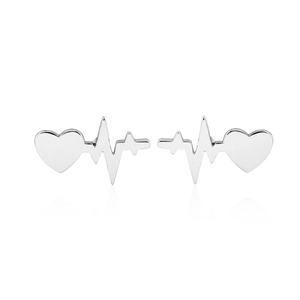 Minimalist heartbeat heart-shaped silver stud earrings with polished finish on white background