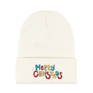 Cream knit beanie with colorful Merry Christmas embroidery in a stylish holiday design
