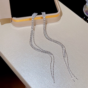 Elegant silver tassel earrings with rectangular cubic zirconia and multi-layer bead chains