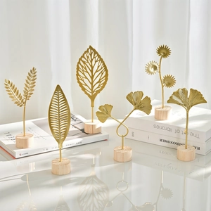 Nordic gold metal ginkgo leaf sculptures with wooden bases for home decor