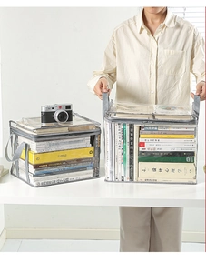 Close-up of waterproof transparent PVC book storage bag with reinforced grey handles