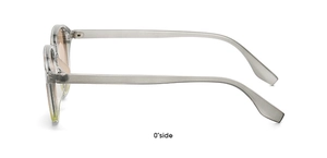 Side view of transparent frame sunglasses with light tea lenses showing frame thickness