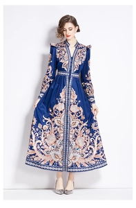Detail showing vintage paisley pattern and waist structure on a retro V-neck maxi dress