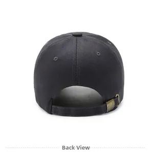 Back view of cotton baseball cap with adjustable vintage bronze buckle and fabric strap