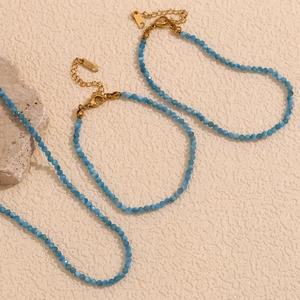 Blue larimar and apatite 18K gold plated stainless steel bead necklace and bracelet set