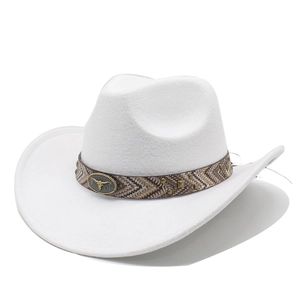 Detail of white felt cowboy hat featuring woven brown band and embossed metal bull buckle