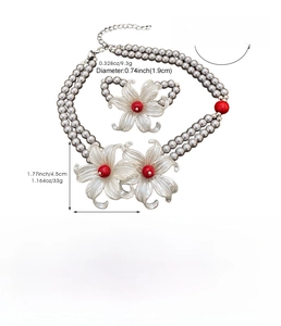 Detailed size chart for faux pearl necklace set and flower ring with dimensions