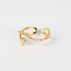 Golden floral vine open ring with pink and white zircon crystals on white background