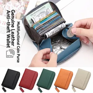 Genuine leather RFID blocking card holder wallet with accordion slots in five colors