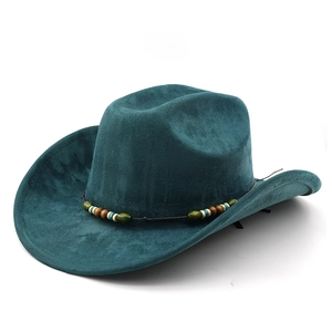Detail of teal suede cowboy hat with multicolor beaded band and classic wide brim