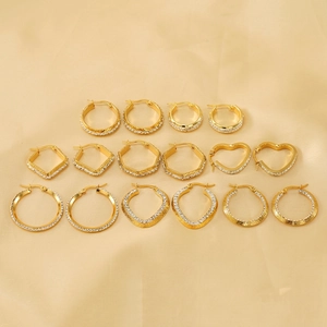 Stainless Steel Hoop Earrings 18K Gold Plated Cubic Zirconia Inlay Greek Key Heart Geometric Vintage Jewelry For Women