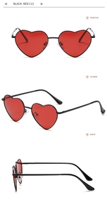 Detailed views of vintage heart shaped sunglasses with black metal frames and red lenses