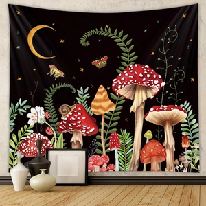 Mushroom Tapestry Wall Hanging Black Forest Mystical Moon Stars Aesthetic Polyester Decor For Bedroom Living Room