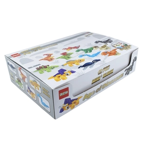 Display box of 12 mini dinosaur building blocks featuring various colorful jurassic models
