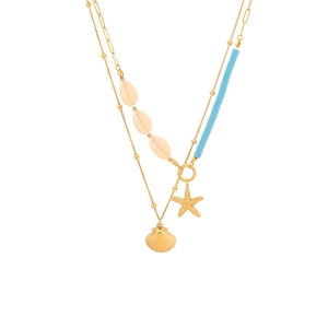 Bohemian gold double-layer necklace with sea shell, starfish charms and blue beads