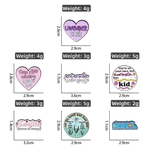 Detailed size and weight specs for various enamel pins with colorful pastel designs
