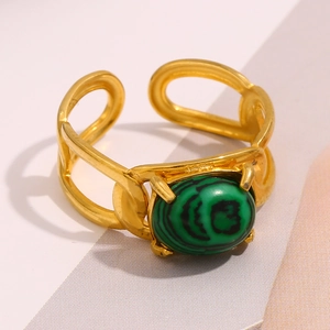 18K gold plated stainless steel open ring featuring a green malachite stone inlay