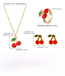 Détails techniques de la parure bijoux cerise avec dimensions et matériau en alliage